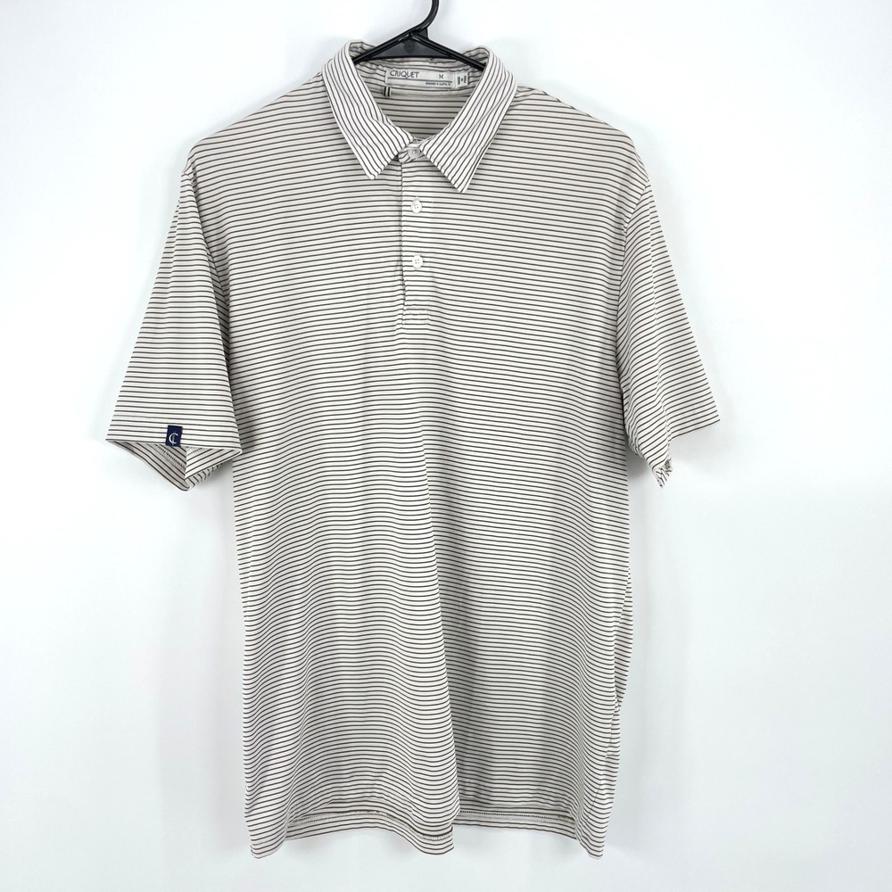 Criquet Mens Performance Polo Shirt Medium White Green Striped Short Sleeve M